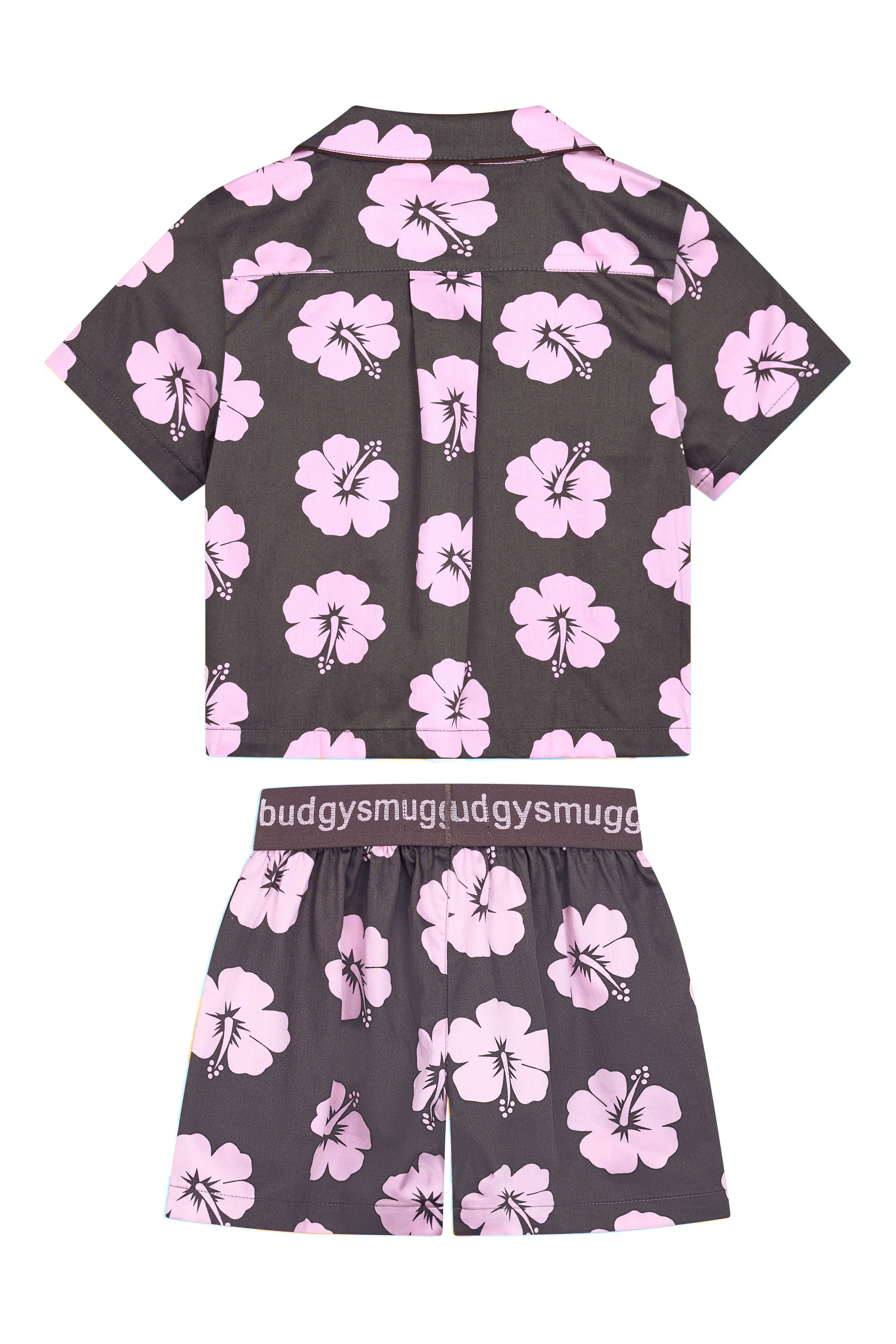 Kids Pyjama Set in Brown and Pink Hibiscus - Image 3