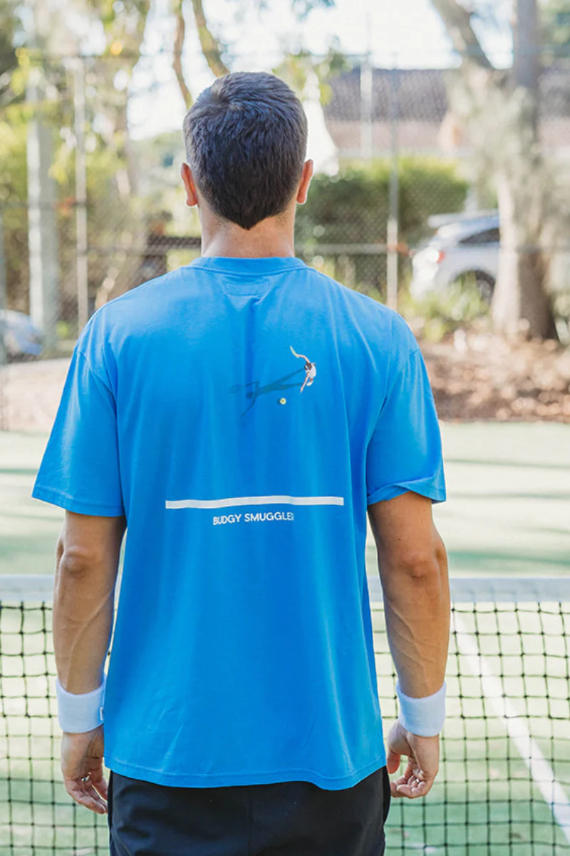 Lightweight Blue Tee in Tennis Court - Image 2