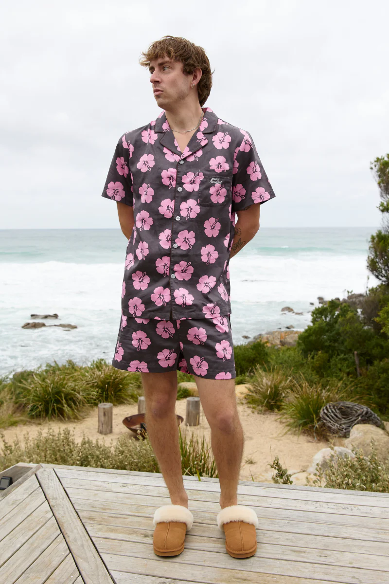 Men's Pyjama Set in Brown and Pink Hibiscus - Image 3