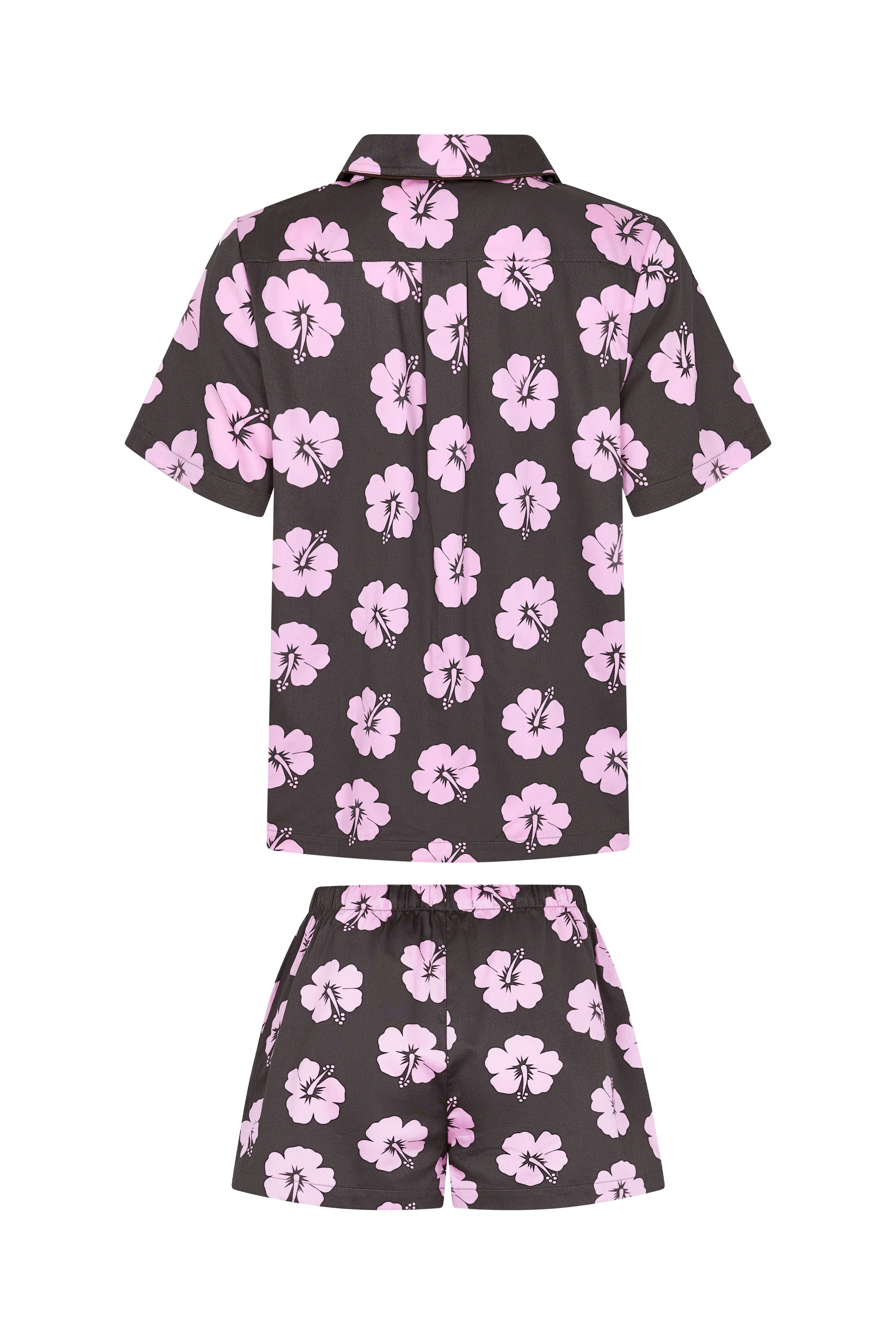 Women's Pyjama Set in Brown and Pink Hibiscus - Image 4